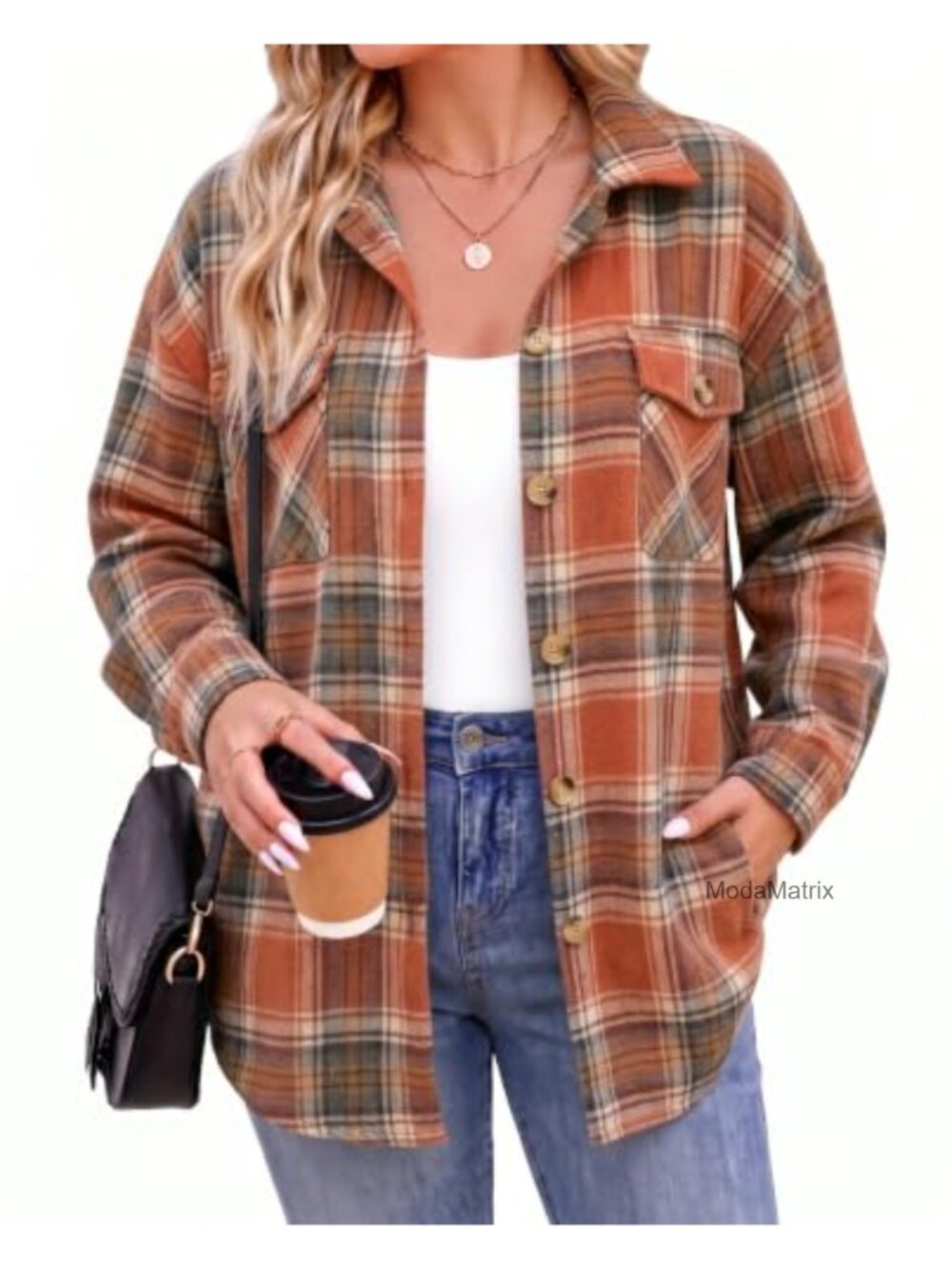 Plus Size Flannel Shacket Women Plaid Button Down Long Sleeve Casual Jacket